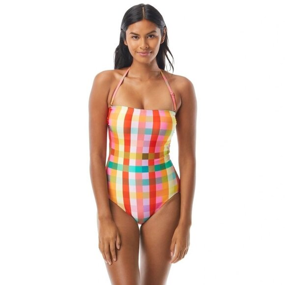 NWT Kate Spade checkered plaid bandeau neckline / halter one piece swimsuit, S - Picture 5 of 8